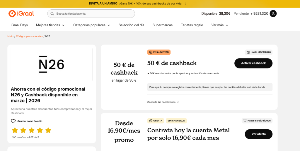 Oferta n26 50€ por abrir cuenta marzo 2026