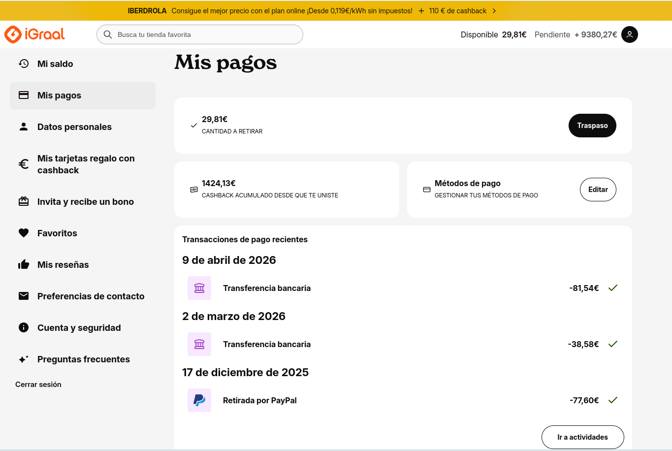 Mis justificantes de pago ganando Dinero en PayPal con cashback