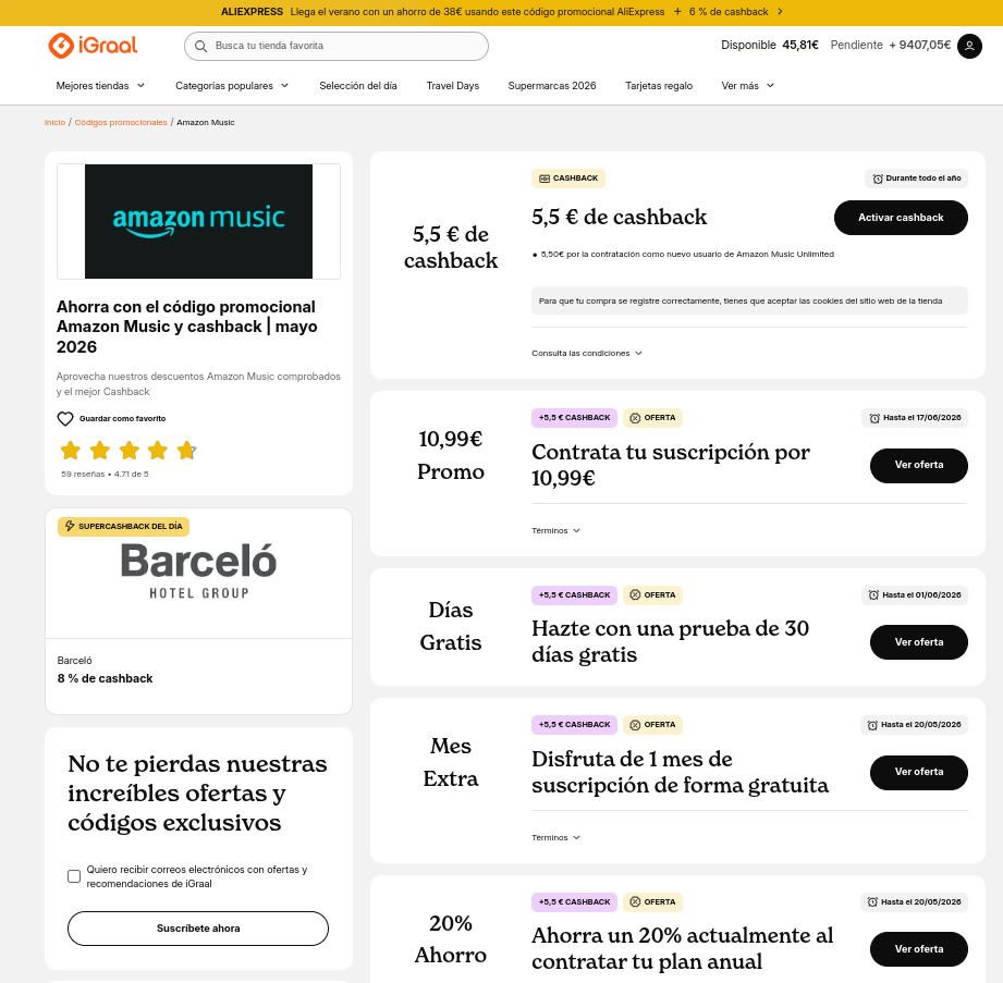 Cashback, ofertas y descuentos Amazon Music Unlimited