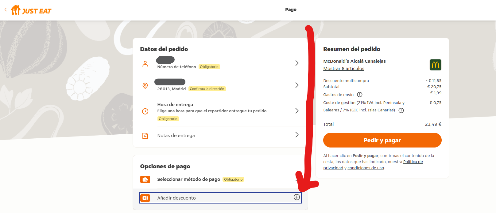 Cómo introducir un código descuento en Just Eat