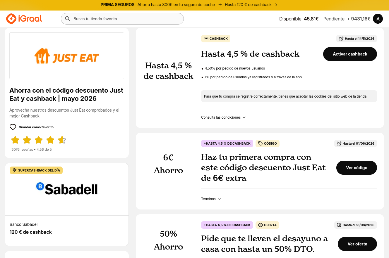 Cómo aprovechar las ofertas 2x en Just Eat y el cashback de iGraal