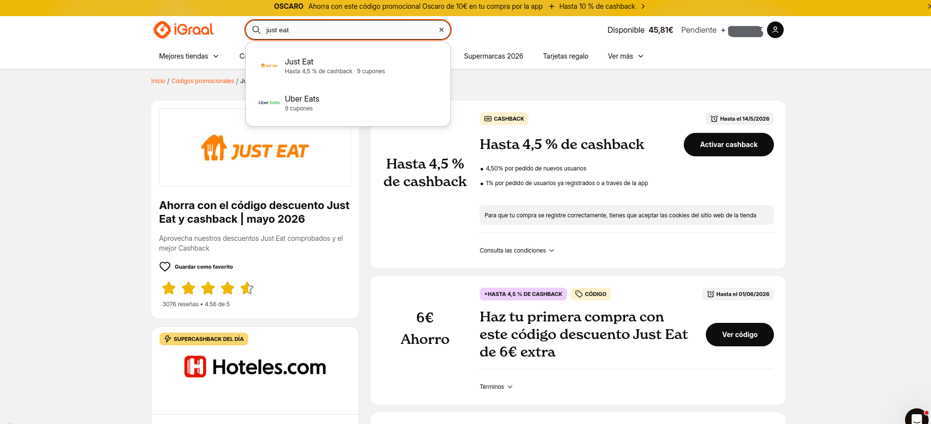 Cómo activar cashback en Just Eat con iGraal