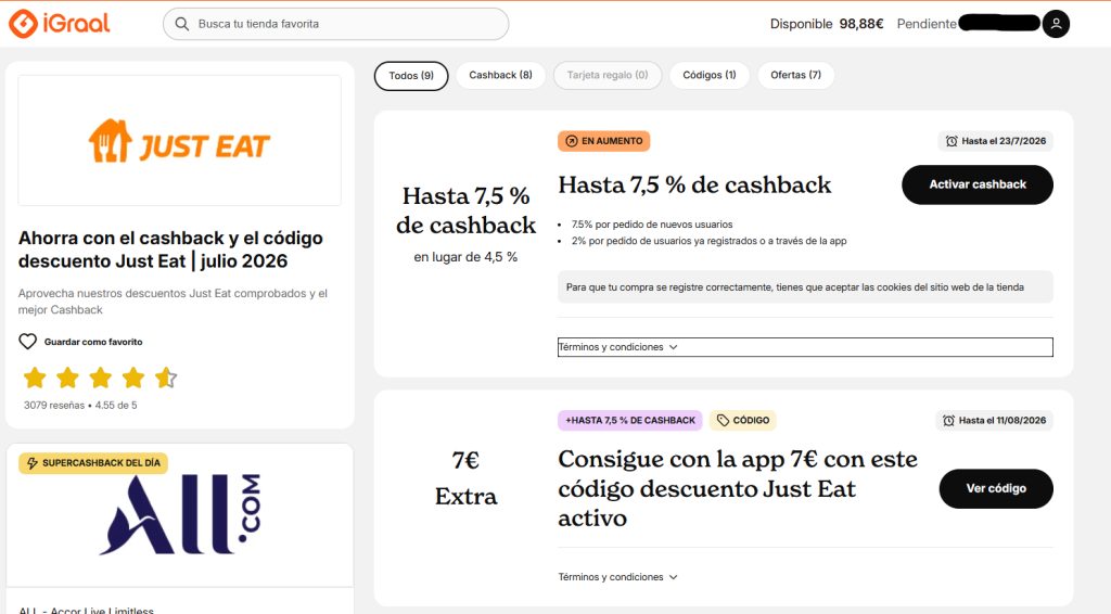 Cupones descuento y cashback en Just Eat