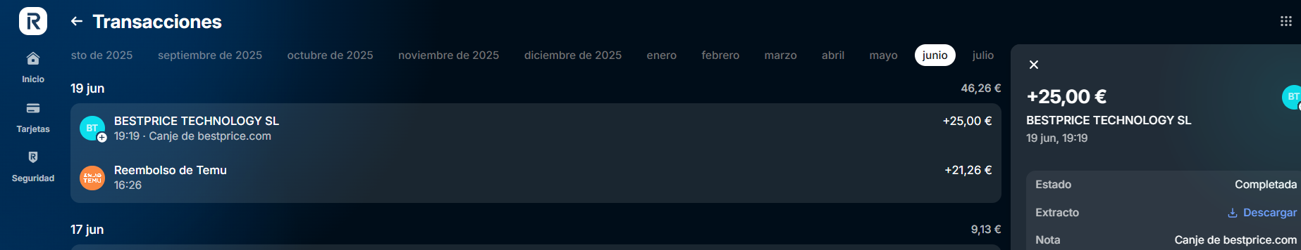 mi último justificante de pago de BestPrice recibido a través de mi cuenta bancaria en Revolut este 2026