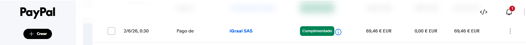 mi último justificante de pago de iGraal recibido a través de PayPal