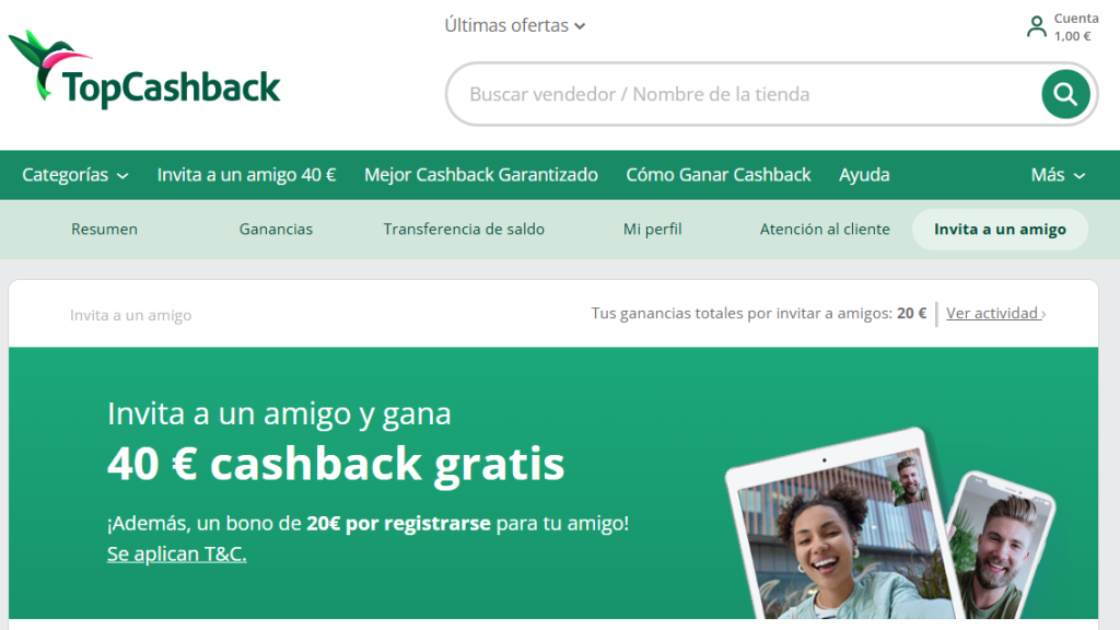Promoción invita a un amigo Top Cashback hasta 40€ por amigo