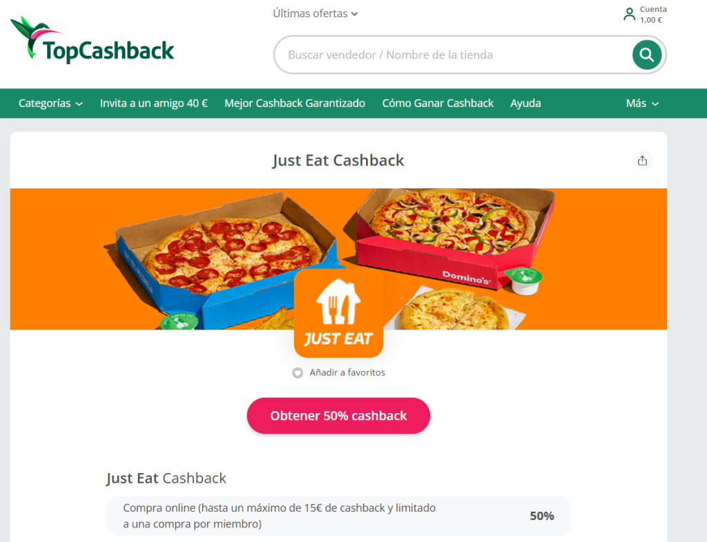 Cashback en Just Eat topcashback