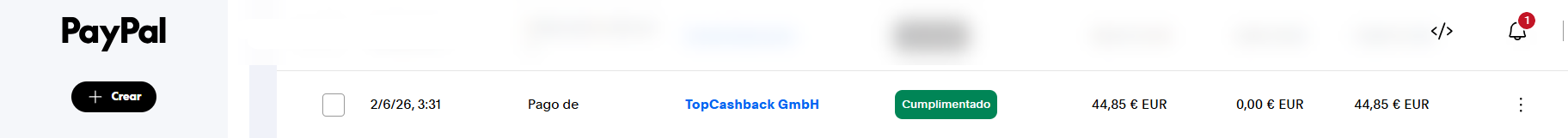 mi último justificante de pago de TopCashback recibido a través de PayPal en 2026