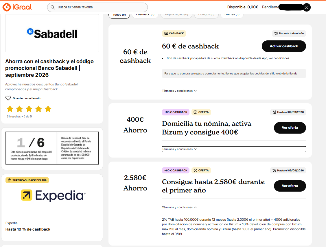 Banco Sabadell septiembre 2026 hasta 400 € y 60 euros de cashback en iGraal