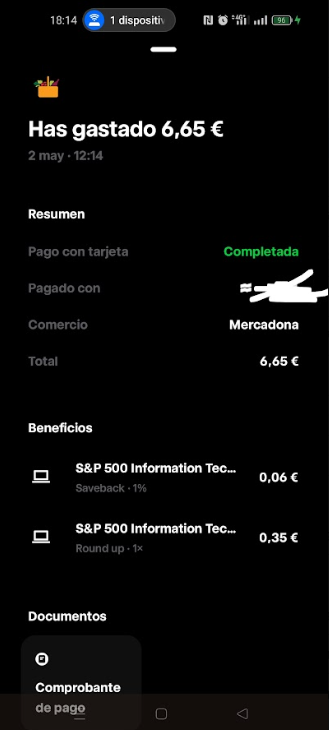 Pago en Mercadona realizado con tarjeta Trade Republic y Saveback