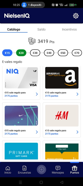 Recompensas obtenidas en NielsenIQ por registrar compras del supermercado