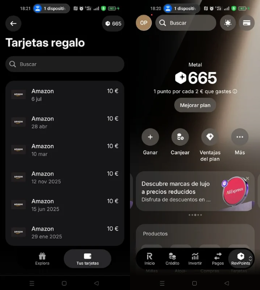 RevPoints de Revolut acumulados con compras y tarjetas regalo canjeadas