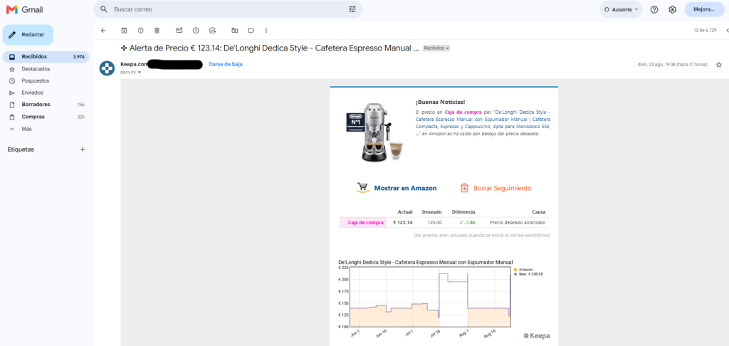 Alerta de seguimiento de precio de cafetera en Amazon con Keepa, herramienta para ver el histórico de precios en Amazon. alarma del 23 de agosto 2026