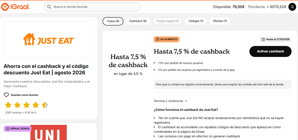 Cashback de Just Eat disponible en agosto 2026