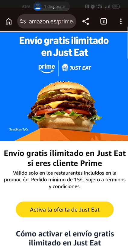 ¿Cómo activar Just Eat Gratis con Amazon Prime?