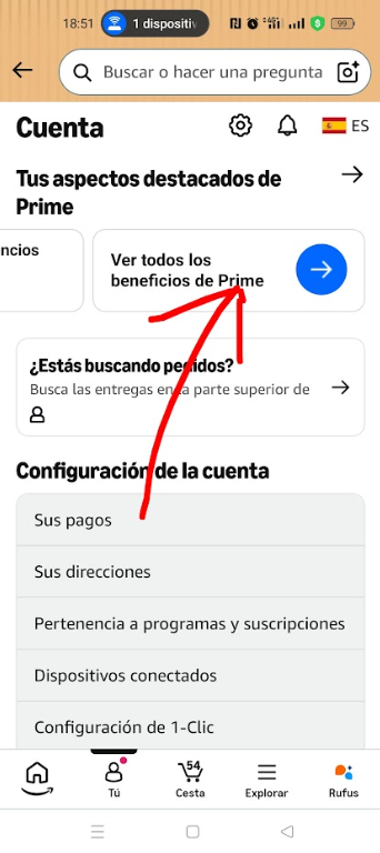 Buscamos dentro de la app la promoción Just Eat Gratis con Amazon Prime
