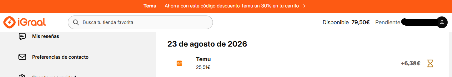 comprobante de compra realizada el 26 de agosto 2026 en Temu, uno de los días con supercashback más baratos del año