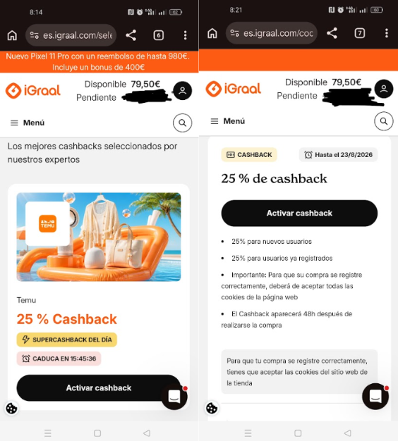 Día con 25% de super cashback en Temu para comprar más barato el pasado el 28 de agosto de 2026