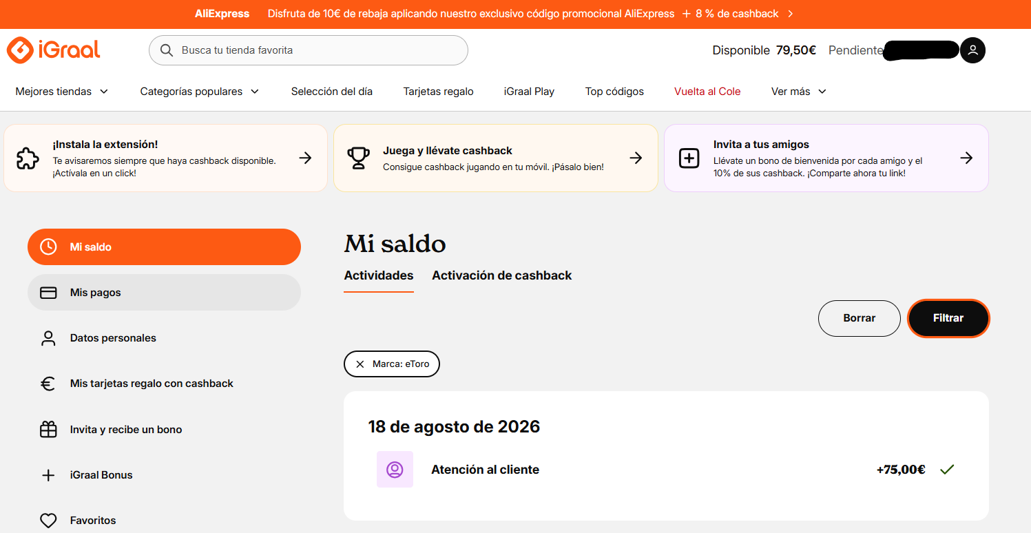 Comprobante de pago de 75 euros de cashback de eToro validado en iGraal