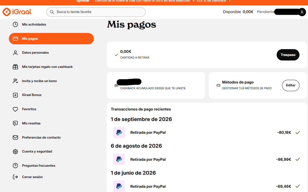 Pagos y retiradas realizadas mediante PayPal con iGraal hasta septiembre de 2026