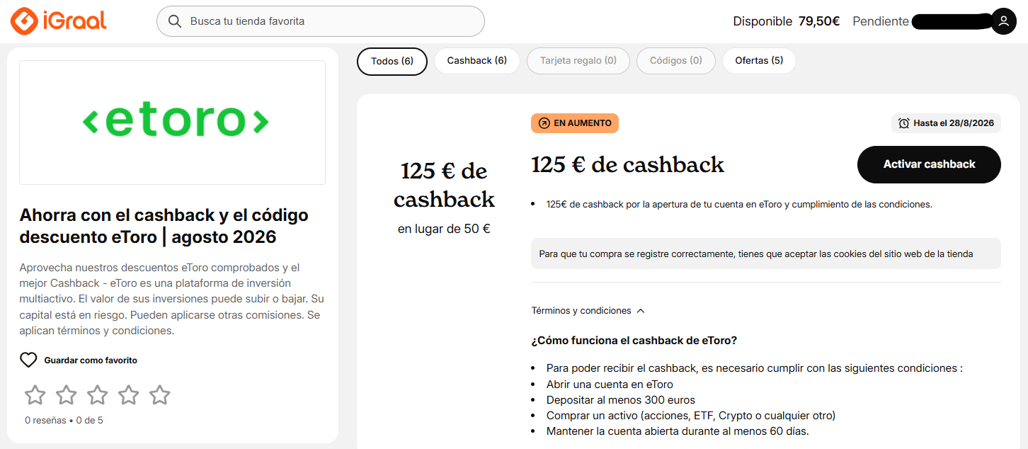 Promoción eToro con 125 euros de cashback en iGraal el 28 de agosto de 2026
