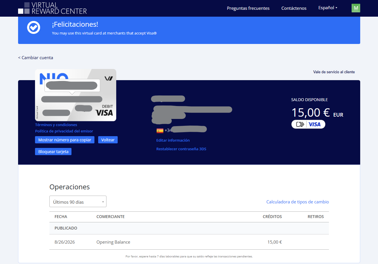 Tarjeta virtual Visa de 15 euros recibida como recompensa de NielsenIQ