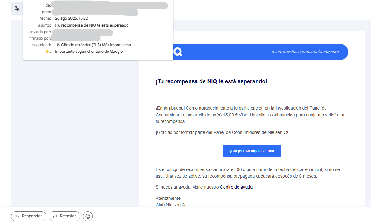 Email de confirmación de una recompensa de tarjeta virtual Visa de 15 euros