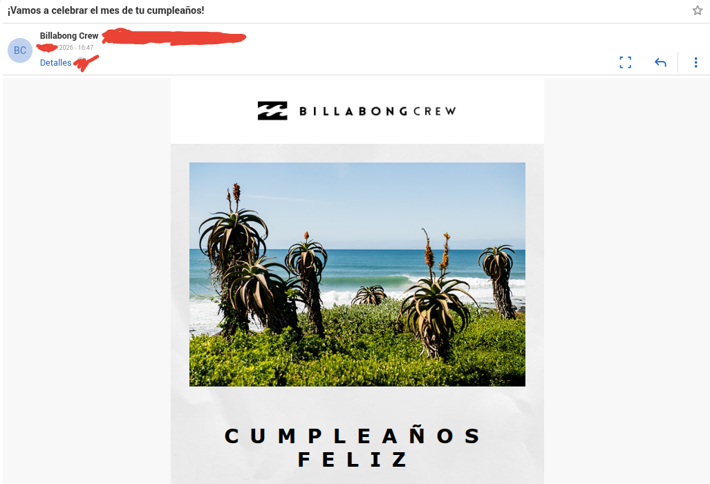 sí he recibido una oferta de cumpleaños de Billabong