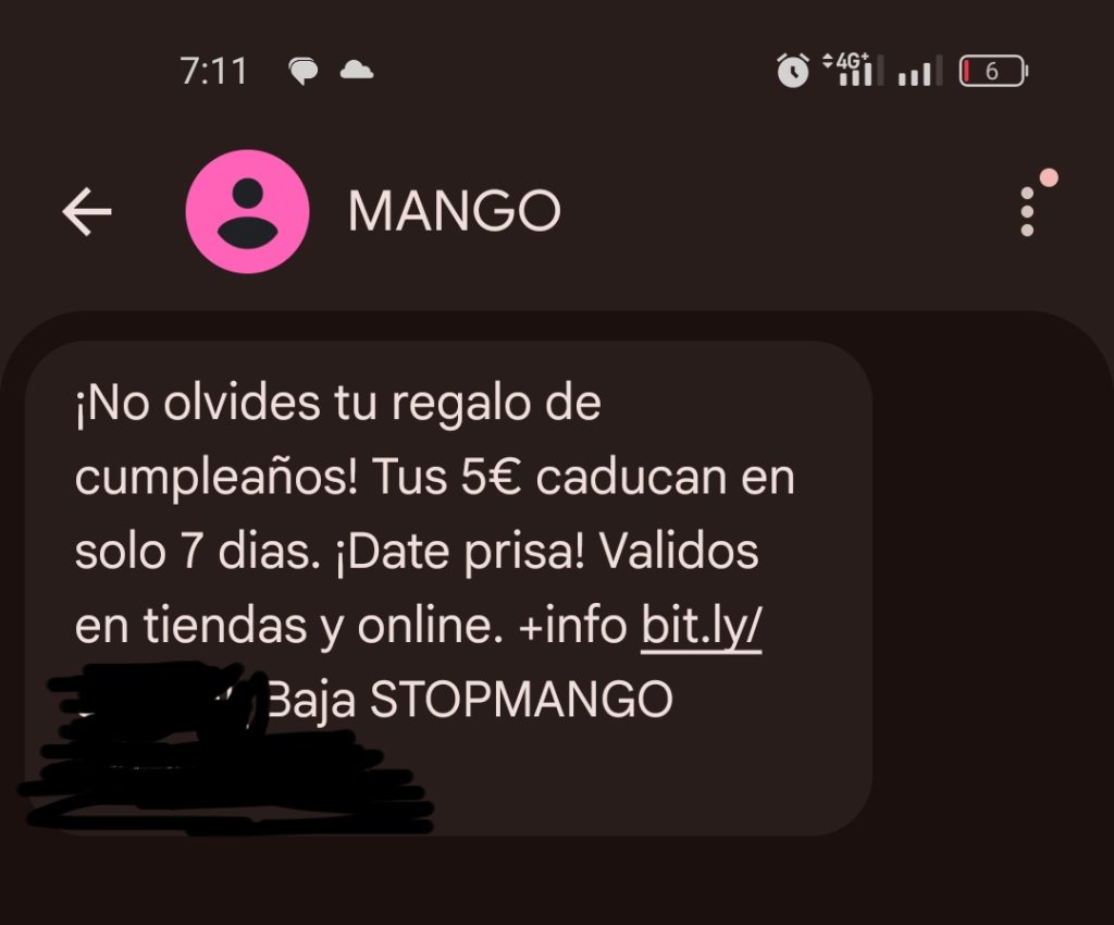 Me regalan 5€ en Mango por mi cumple