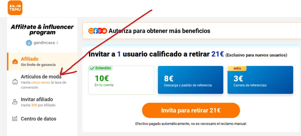 Paso 1 clickear en Articulos de moda en Temu Afiliados