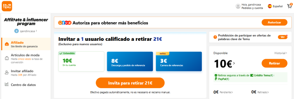 Ganar dinero con el Programa de Temu Afiliados desde España desglose 21 euros