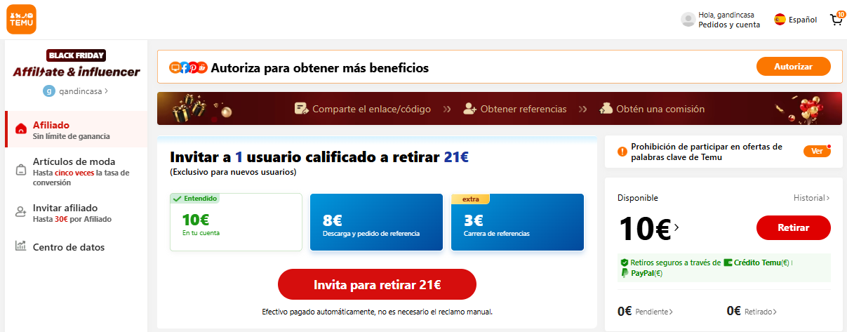 Mi panel de Temu Afiliados España y Temu Influencer Program