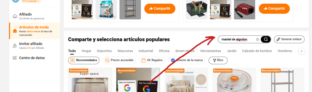 Paso 2 buscar articulos concretos en el panel de Temu Afiliados