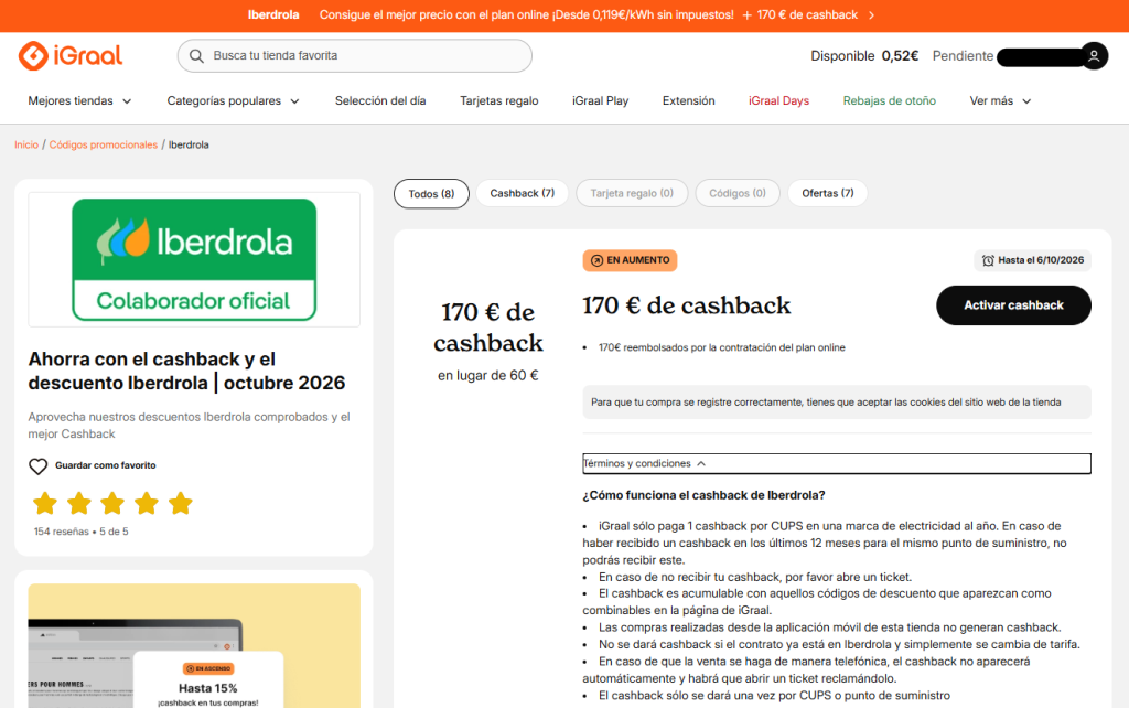 Truco del cashback para ahorrar en la factura de la luz con Iberdrola (supercashback 5 octubre 2026)